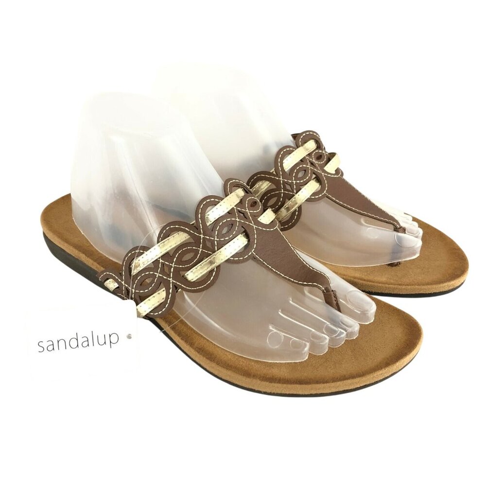 SandalUp Womens Thong Sandals Woven Faux Leather Brown Gold Slides Size 10